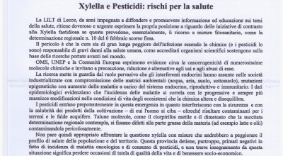 XYLELLA E PESTICIDI: RISCHI PER LA SALUTE - COMUNICATO STAMPA LILT SEZIONE PR...