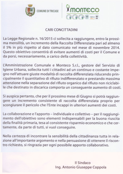 LETTERA DEL SINDACO DEL COMUNE DI TRICASE INDIRIZZATA AI CONCITTADINI PER SOL...